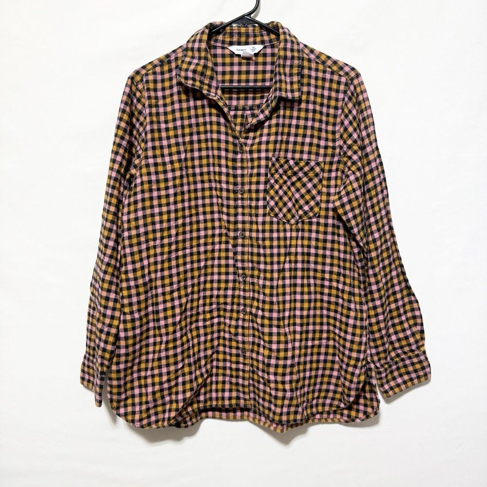 Old Navy The Classic Shirt Womens XL Pink Black checkered Plaid 100% Cotton Top
